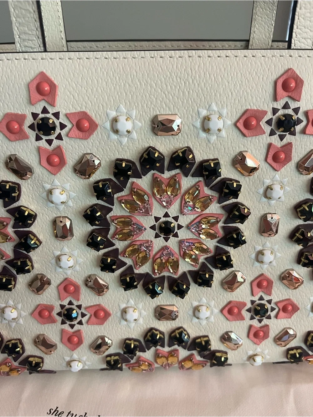 kate spade Cream leather Tote with Pink & Black sparkle Studded embellishment!